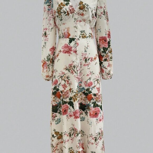 Multicolor Boho Women's Casual Elegant V-Neck Long Sleeve Floral Print Dress - Picture 4 of 8